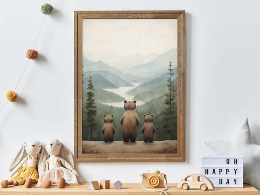 Bear Nursery Wall Art, Bear Family Print, Adventure Kids Room Decor, Woodland Animal Painting, Gender Neutral Digital Printable Wall Art