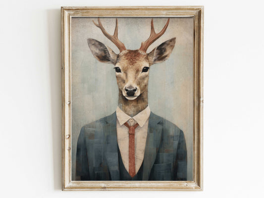 Deer Wall Art, Funny Animal Portrait, Animals in Clothes, Deer Wearing Suit, Vintage Woodland Animal Print, Vintage Home Decor, DIGITAL Art