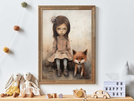 Vintage Nursery Wall Art, Fox Nursery Decor, Little Girl and Fox Print, Forest Animal Wall Decor,  Digital Printable Art for Girls Bedrooms