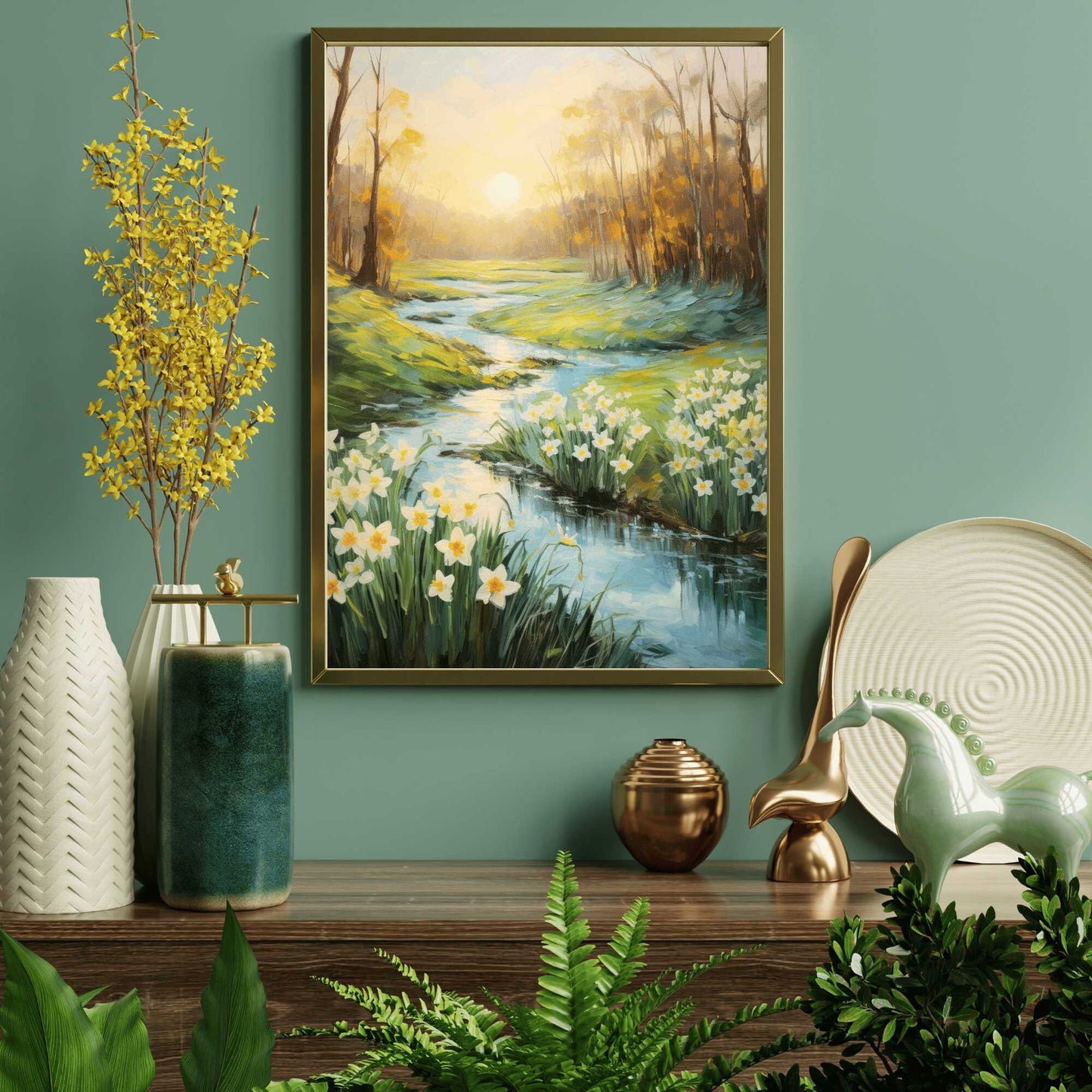 Daffodil Painting, Daffodil Flower Art Print, Landscape Wall Art, Vintage Wall Art, Flower Painting, PRINTABLE Nature Wall Art