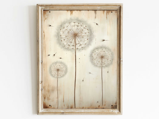 Vintage Flower Wall Art, Dandelion Art Print, Rustic Floral Home Decor, Farmhouse Country Style Art, DIGITAL Printable Wall Decor