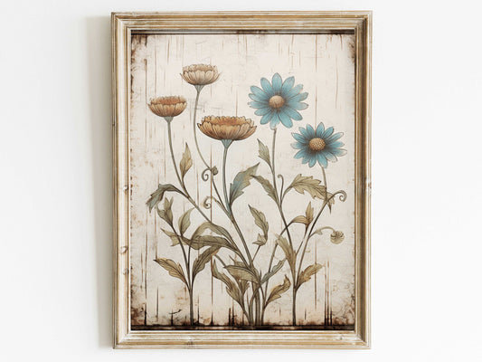 Rustic Wildflower Digital Art Print | Vintage Floral High-Resolution Wall Decor | Customizable Distressed Farmhouse Style