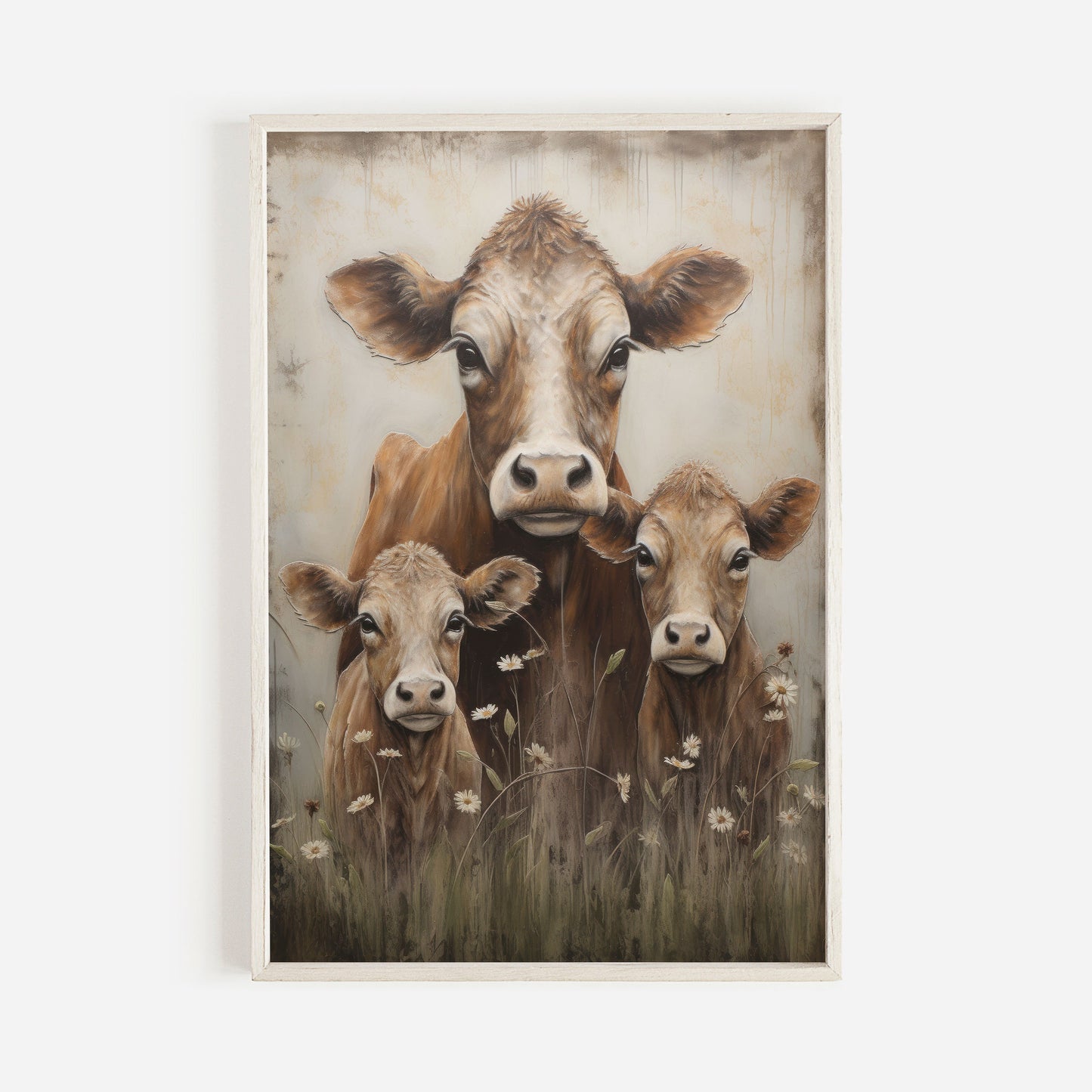 Cow Wall Art, Vintage Farm Animal Print, Rustic Farmhouse Home Decor, Country Home Wall Decor, Cow & Calves Painting, DIGITAL Printable Art
