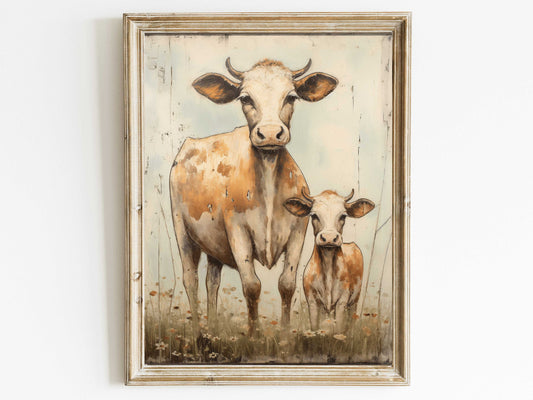 Cow Wall Art, Vintage Bull and Calf Wall Art, Vintage Farmhouse Home Decor, DIGITAL Printable Farm Animal Wall Decor Instant Download