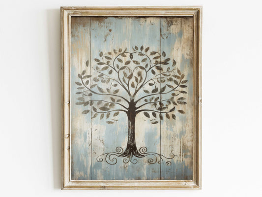 Vintage Tree Wall Art, Abstract Tree Painting, Farmhouse Wall Decor, Distressed Art, Rustic Wall Art Wood, Digital Printable Botanical Art