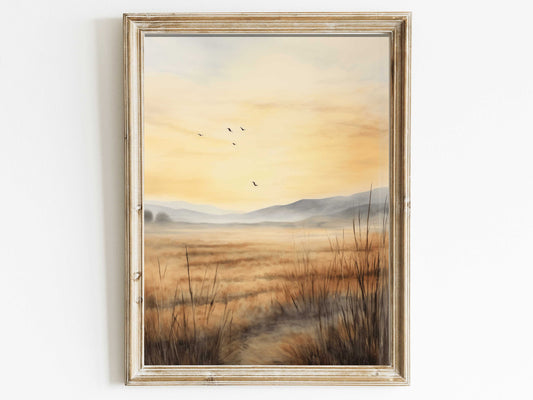 Watercolor Landscape Wall Art, Abstract Scenic Nature Print, Tranquil Home Decor, Beautiful Meadow at Sunset, DIGITAL Printable Wall Decor