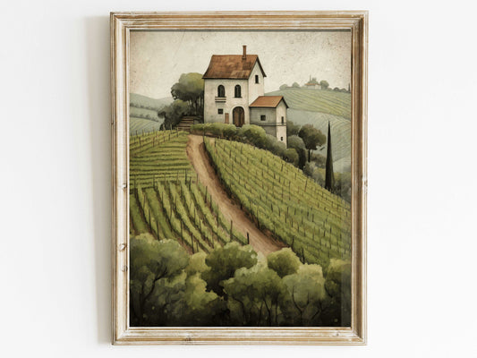 Vineyard Art Print, Mediterranean Wall Art, Rustic Vineyard Painting, French or Italian Countryside Landscape, DIGITAL Printable Country Art