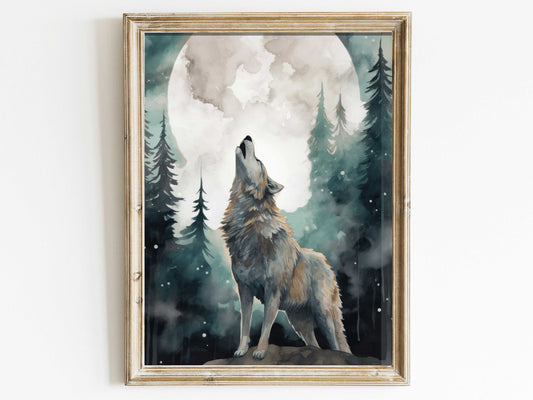 Wolf Art Print, Wolf in the Forest, Full Moon Wall Art, Forest Wall Art, Watercolor Wolf Painting, Woodland Animals, Digital Printable Art