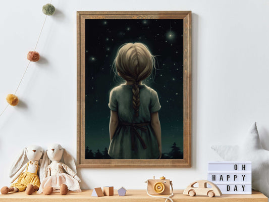 Stargazing Print, Girls Room Wall Art, Forest % Stars, Little Girl Art, Vintage Nursery Wall Art, Printable Nursery Art, Girls Bedroom Decor