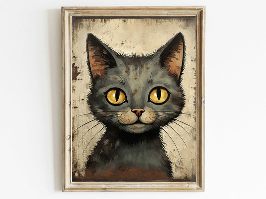 Black Cat Art Print, Cat Wall Art, Cute Kitten Nursery Print, Vintage Animal Artwork, Whimsical Cat Portrait, DIGITAL Printable Wall Decor