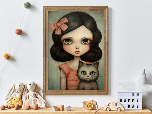 Vintage Girls Room Print, Girl & Cat, Unique Nursery or Girls Bedroom Decor, Rustic Nursery Decor, DIGITAL Printable Wall Art for Girl