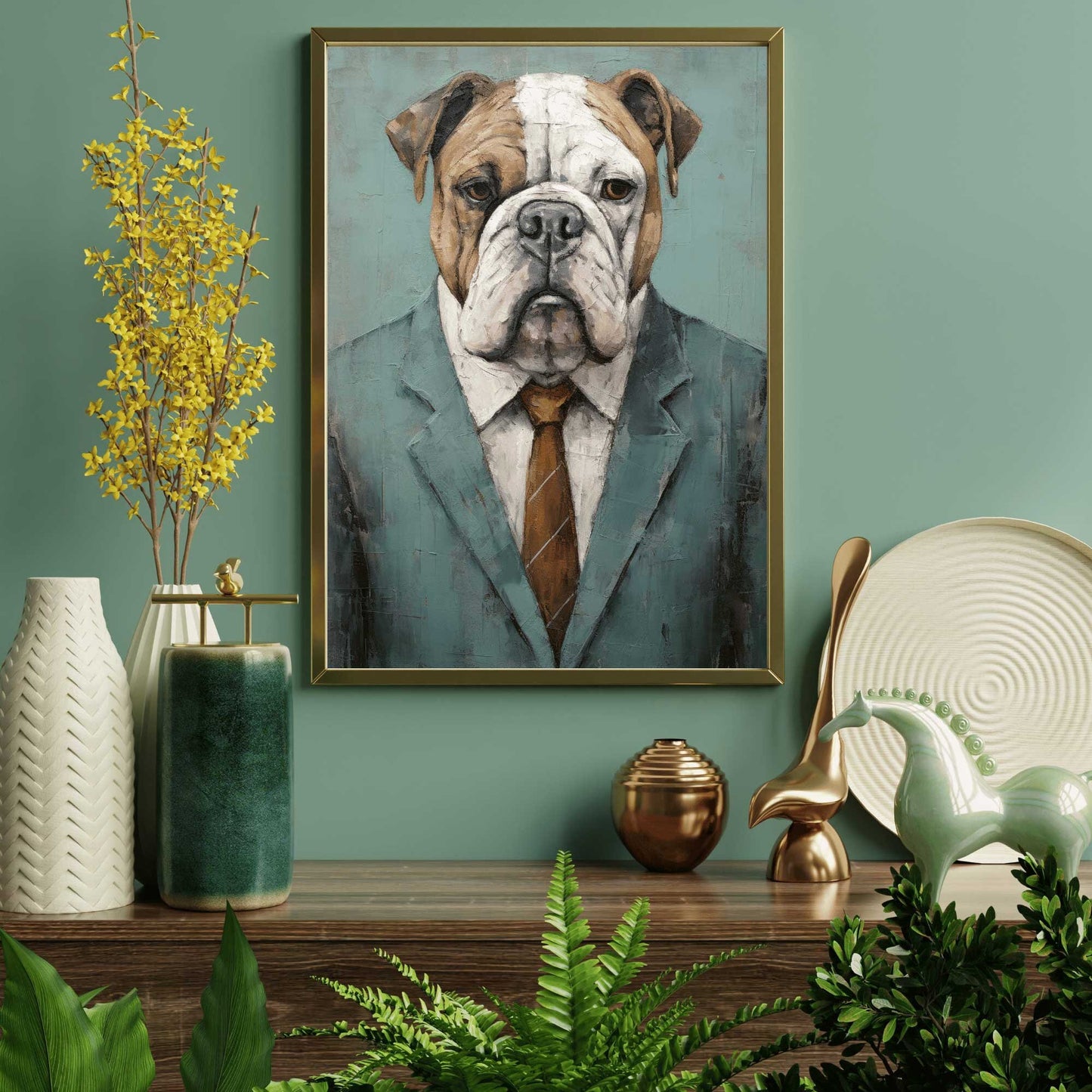 English Bulldog Art, Vintage Dog Print, Dog with Clothes, Bulldog Portrait, Rustic Dog Decor, DIGITAL Printable Funny Dog Wall Art