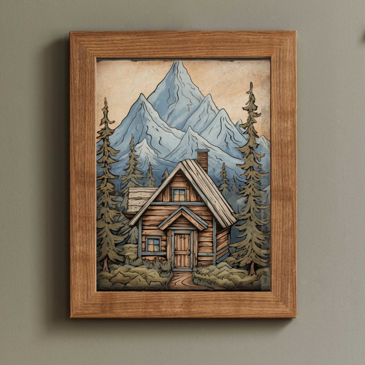 Rustic Mountain Cabin Print, Forest and Mountain Landscape Wall Art, Cozy Cottage Art Print, Vintage Nature Print, Digital Printable Art