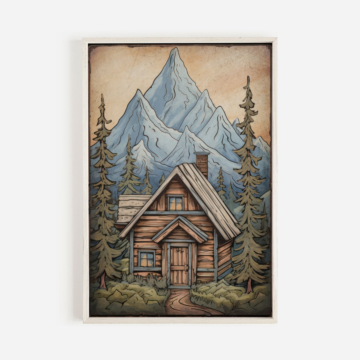 Rustic Mountain Cabin Print, Forest and Mountain Landscape Wall Art, Cozy Cottage Art Print, Vintage Nature Print, Digital Printable Art