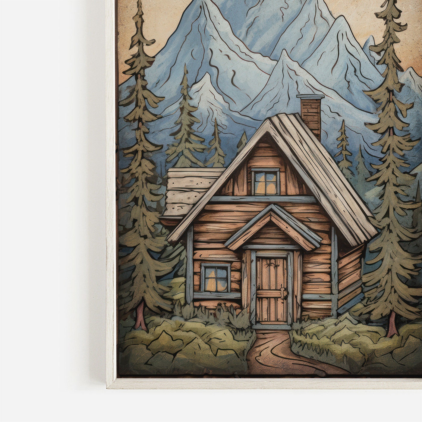 Rustic Mountain Cabin Print, Forest and Mountain Landscape Wall Art, Cozy Cottage Art Print, Vintage Nature Print, Digital Printable Art