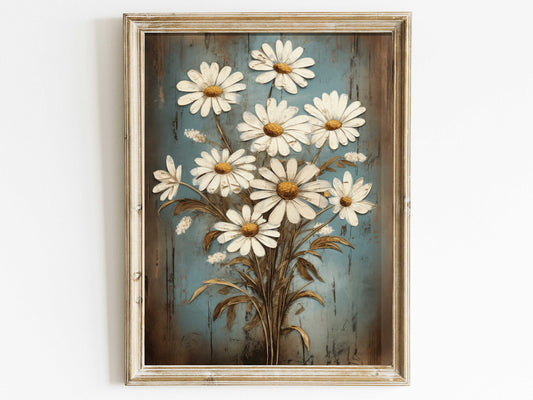 Daisy Flower Wall Art, Vintage Floral Print, Flower Bouquet Painting, Rustic Floral Wall Decor, DIGITAL Printable Flower Wall Art