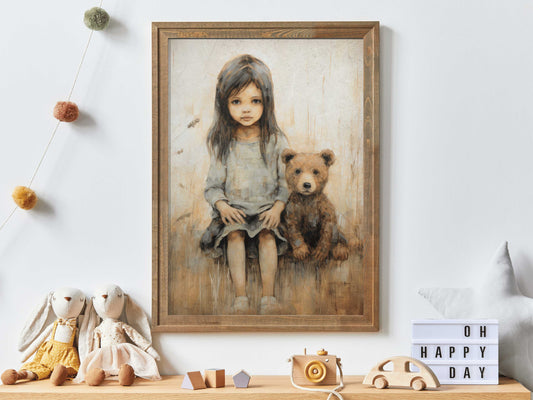 Cute Girls Room Wall Art, Bear Nursery Print, Girl and Bear Cub, Toddler Room Decor Girl, Rustic Nursery Decor, Printable Forest Animal Art