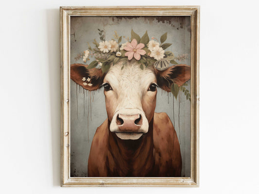 Vintage Cow Portrait, Cow Wall Art, Rustic Farmhouse Decor, Country Style Home Decor, Farm Animal Art Print, Digital Printable Cattle Art