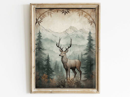 Deer Wall Art, Forest Wall Decor, Rustic Nature Print, Vintage Animal Print, Vintage Home Decor, Landscape Painting, DIGITAL Printable Art