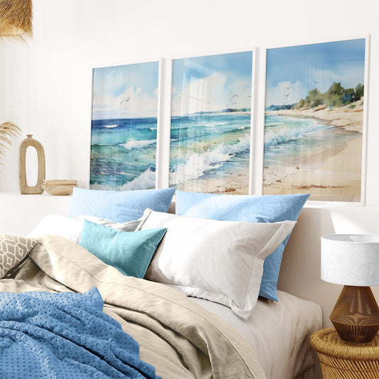 Beach Wall Decor, Coastal Wall Art Prints, Sea Painting, Coastal Home Decor, Blue Ocean Art Print, Set of 3, DIGITAL Printable Landscape Art