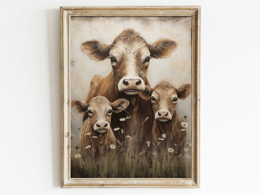 Cow Wall Art, Vintage Farm Animal Print, Rustic Farmhouse Home Decor, Country Home Wall Decor, Cow & Calves Painting, DIGITAL Printable Art