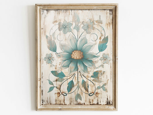 Vintage Floral Wall Art, Ornamental Flower Wall Decor, Distressed Teal Flowers Print, Rustic Wall Art Wood,Farmhouse Digital Printable Decor