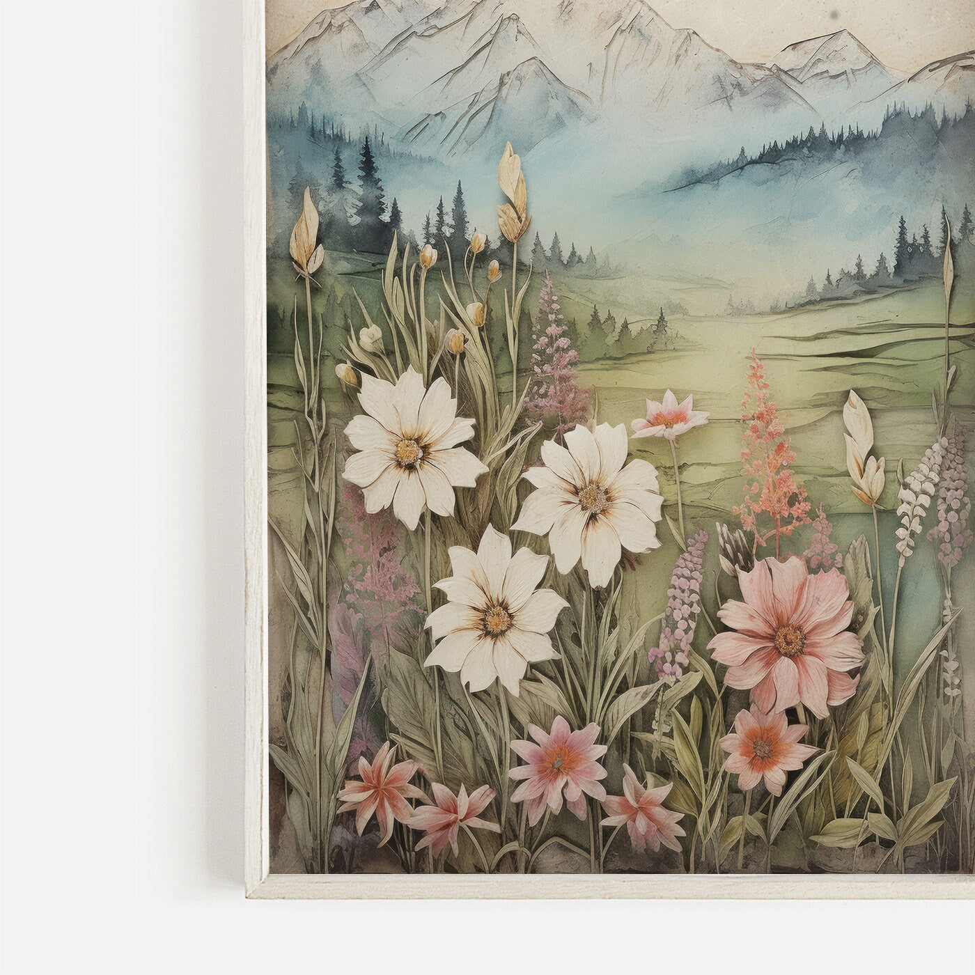 Wildflower and Mountain Wall Art, Vintage Nature Print, Mountain Painting, Rustic Landscape Painting, Digital Printable Landscape Wall Art