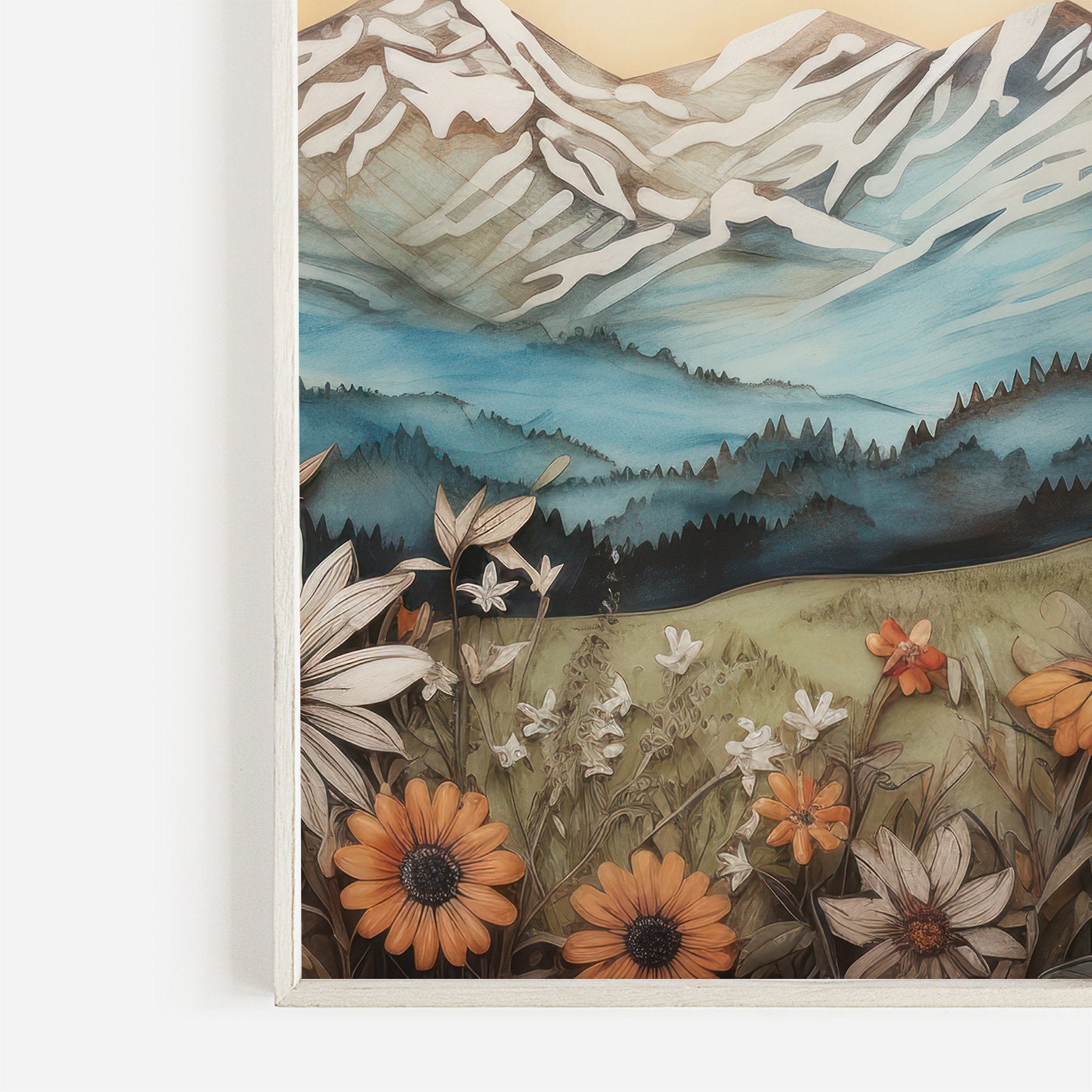 Mountain Landscape Art Print, Vintage Wildflower Painting, Forest & Mountain Print, Outdoors Wall Decor, Cabin Decor, Digital Printable Art