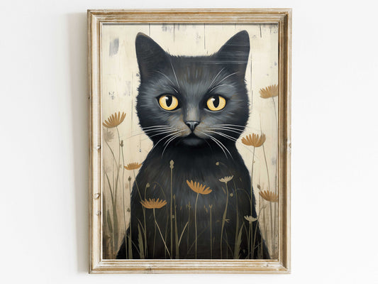 Black Cat Art Print, Cat Wall Art, Kitten Nursery Print, Vintage Animal Artwork, Whimsical Cat Portrait, DIGITAL Printable Wall Decor