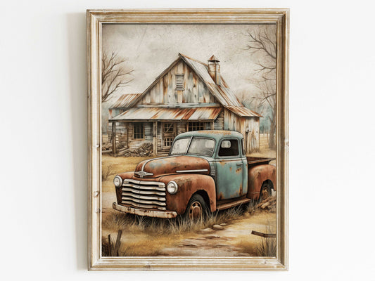 Rustic Home Decor, Vintage Country Cottage & Rusty Car, Countryside Wall Decor, Country House Print, Farmhouse Art, DIGITAL Printable Art