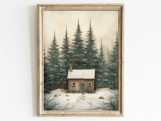 Vintage Forest Cabin Print, Rustic Home Decor, Little Cottage Print, Outdoors Wall Art, House in the Woods, DIGITAL Printable Nature Art