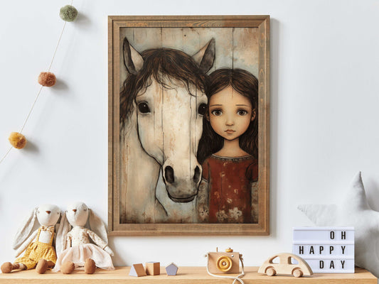 Cute Horse Decor for Girl's Room, Vintage Horse Painting, Girly Nursery Room or Bedroom Equestrian Print, Digital Printable Animal Art