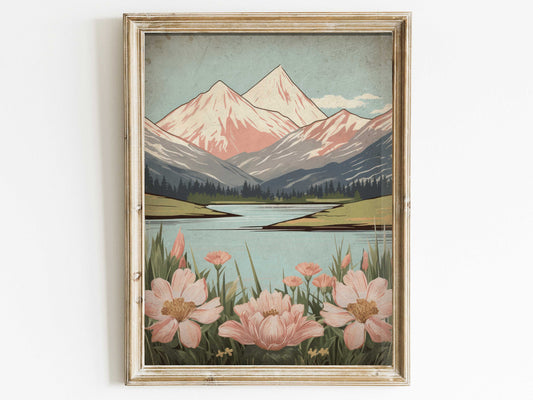 Wildflower and Mountain Wall Art, Vintage Nature Print, Mountain Painting, Rustic Landscape Painting, Digital Printable Landscape Wall Art