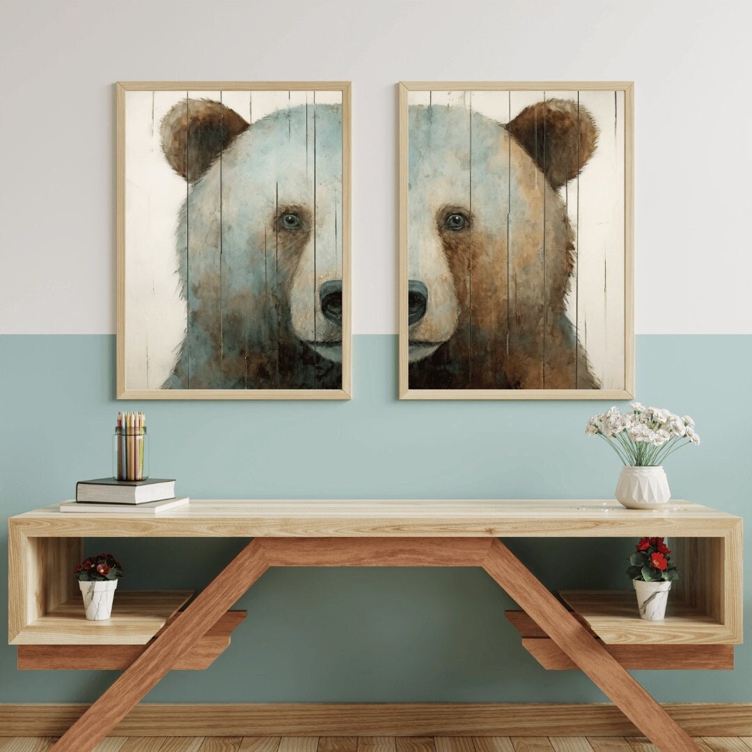 Bear Wall Art, Rustic Animal Print, Bear Nursery Decor, Set of 2, Bear Wall Art, Forest Animal Print, Farmhouse Decor, DIGITAL Printable Art