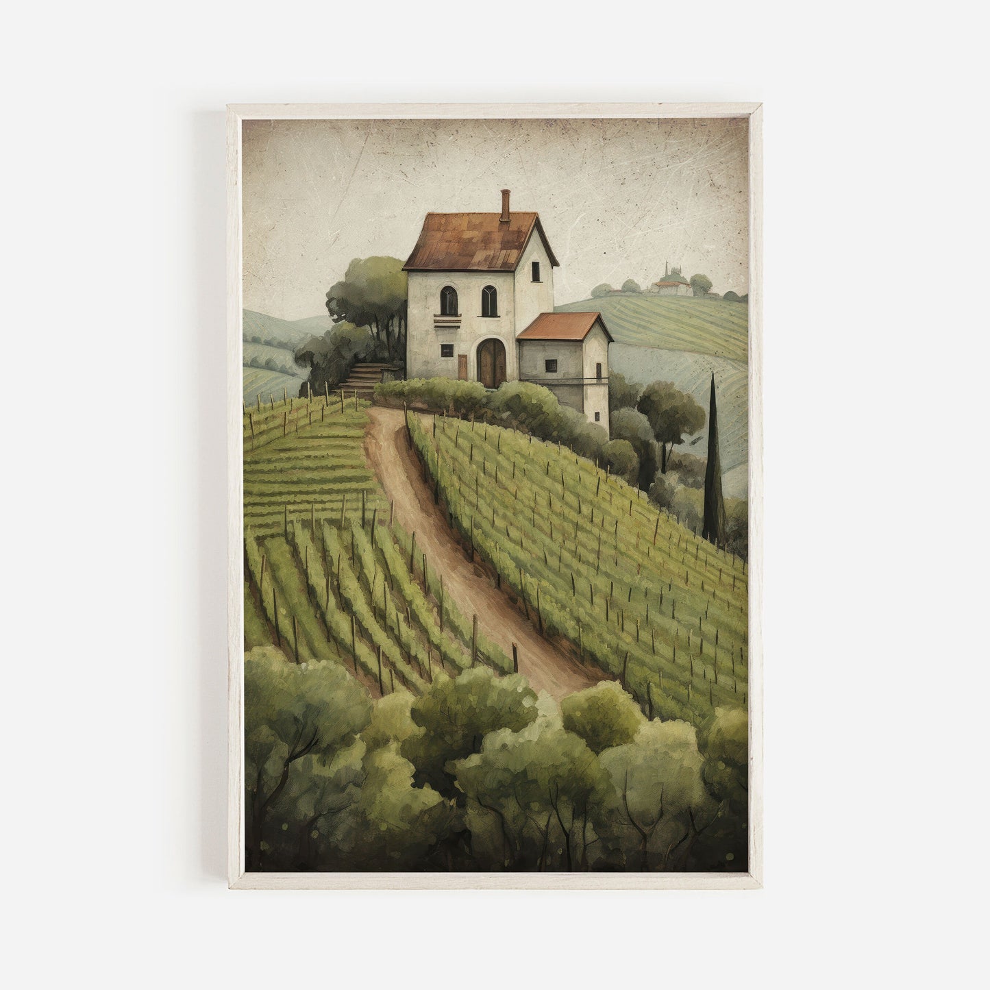 Vineyard Art Print, Mediterranean Wall Art, Rustic Vineyard Painting, French or Italian Countryside Landscape, DIGITAL Printable Country Art
