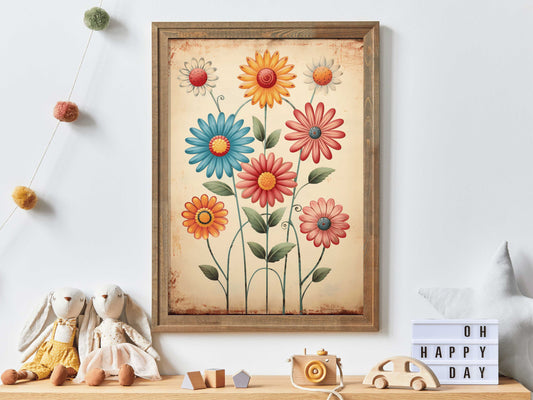 Whimsical Floral Nursery Wall Art, Retro Flower Print, Vintage Flower Wall Decor, Flower Kids Room Decor, DIGITAL Printable Fun Nursery Art