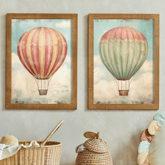 Vintage Hot Air Balloon Prints, Set of 2, Rustic Nursery Decor, Colorful Vintage Prints, Distressed Wall Art, DIGITAL Printable Artwork