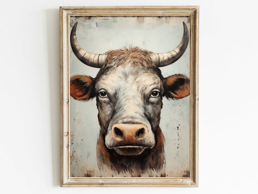 Bull Wall Art, Bull Portrait, Cow Wall Art, Rustic Farmhouse Decor, Country Home Decor, Farm Animal Print, Digital Printable Cattle Art