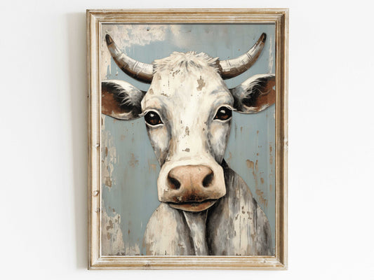 Vintage Bull Portrait, Whimsical Cow Wall Art, Rustic Farmhouse Decor, Country Home Decor, Farm Animal Print, Digital Printable Cattle Art