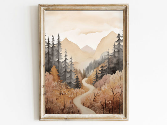 Watercolor Forest Wall Art, Autumn Forest Print, Vintage Nature Print, Mountain Cabin Decor, Forest Painting, DIGITAL Printable Wall Decor