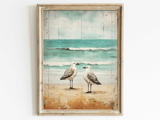 Sea Bird Wall Art, Seagull Print, Bird Art, Beach Painting, Sea & Coastal Landscape Wall Decor, Distressed Vintage Art, Printable Ocean Art