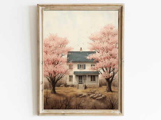 Vintage House Print, Cherry Blossom Trees, Homestead Print, Countryside Wall Art, House Painting, Country Home Decor, Printable Wall Decor