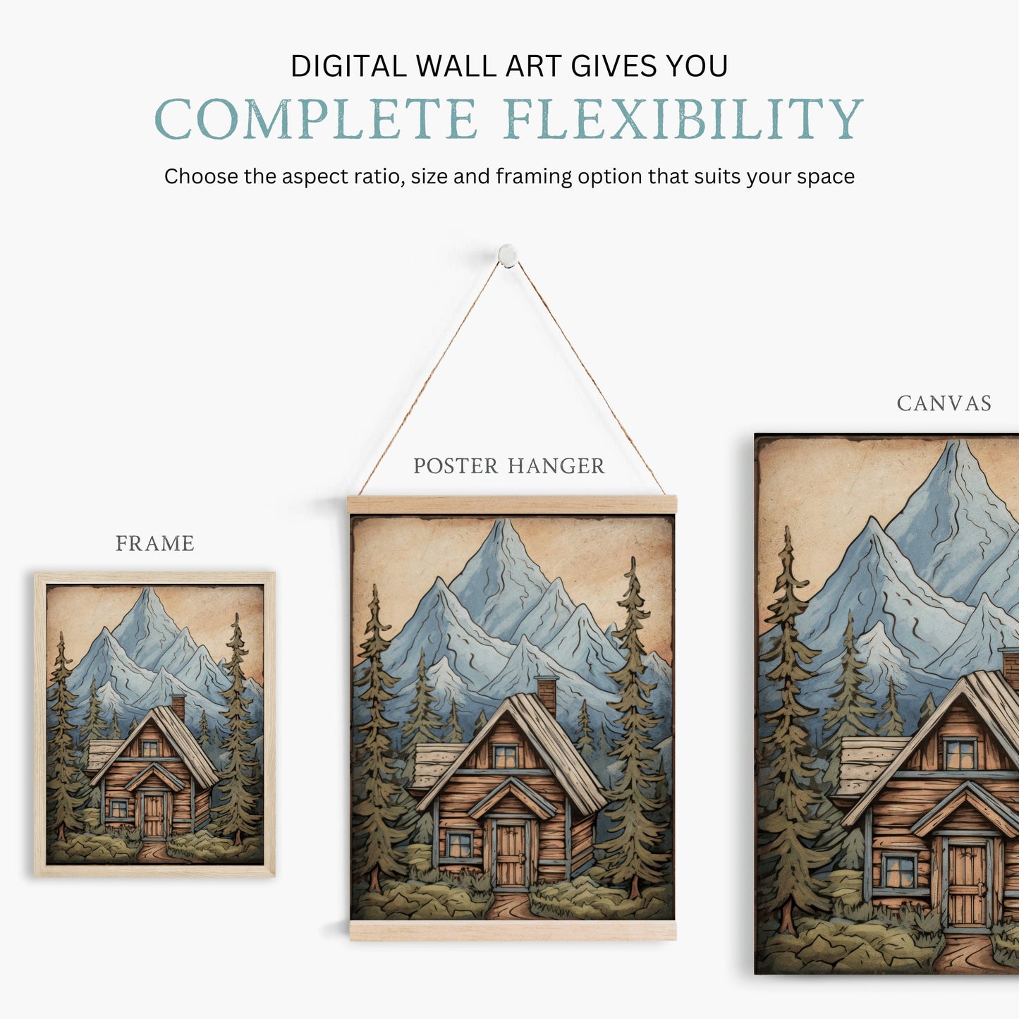 Rustic Mountain Cabin Print, Forest and Mountain Landscape Wall Art, Cozy Cottage Art Print, Vintage Nature Print, Digital Printable Art