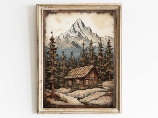 Rustic Mountain Cabin Print, Forest and Mountain Wall Art, Cottage Art Print, Vintage Style Nature Print, Digital Printable Art