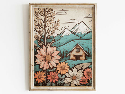 Vintage Cabin Art, Mountain Cabin Print, Forest & Mountain Wall Art, Cozy Cottage Art Print, Flower Landscape, Digital Printable Artwork