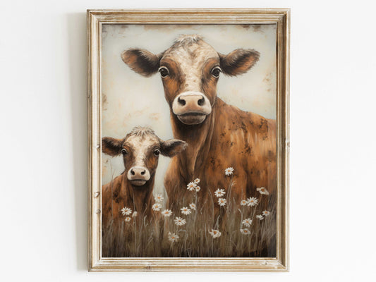 Cow Wall Art, Cow & Calf Painting, Vintage Farm Animal Print, Rustic Farmhouse Home Decor, Country Home Wall Decor, DIGITAL Printable Art