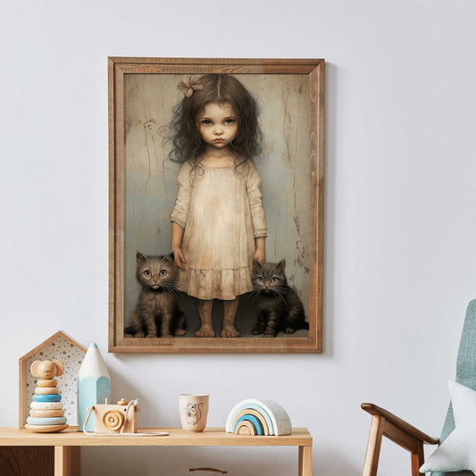 Vintage Nursery Wall Art, Cat Nursery Print, Little Girl with Black Cat, Whimsigoth Decor, Girls Room Decor, Digital Printable Art for Girls