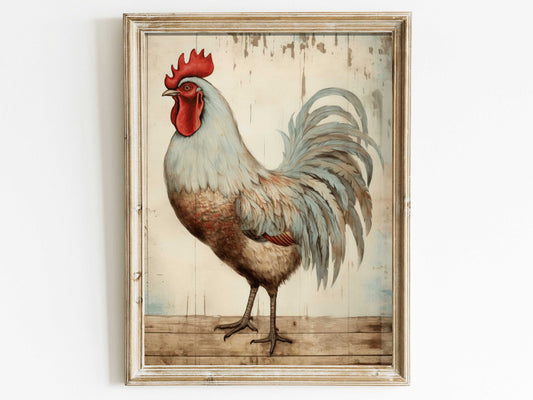 Vintage Rooster Portrait, Cock Wall Art, Rustic Farmhouse Decor, Unique Farm Animal Painting, Chicken Print, Digital Printable Homestead Art