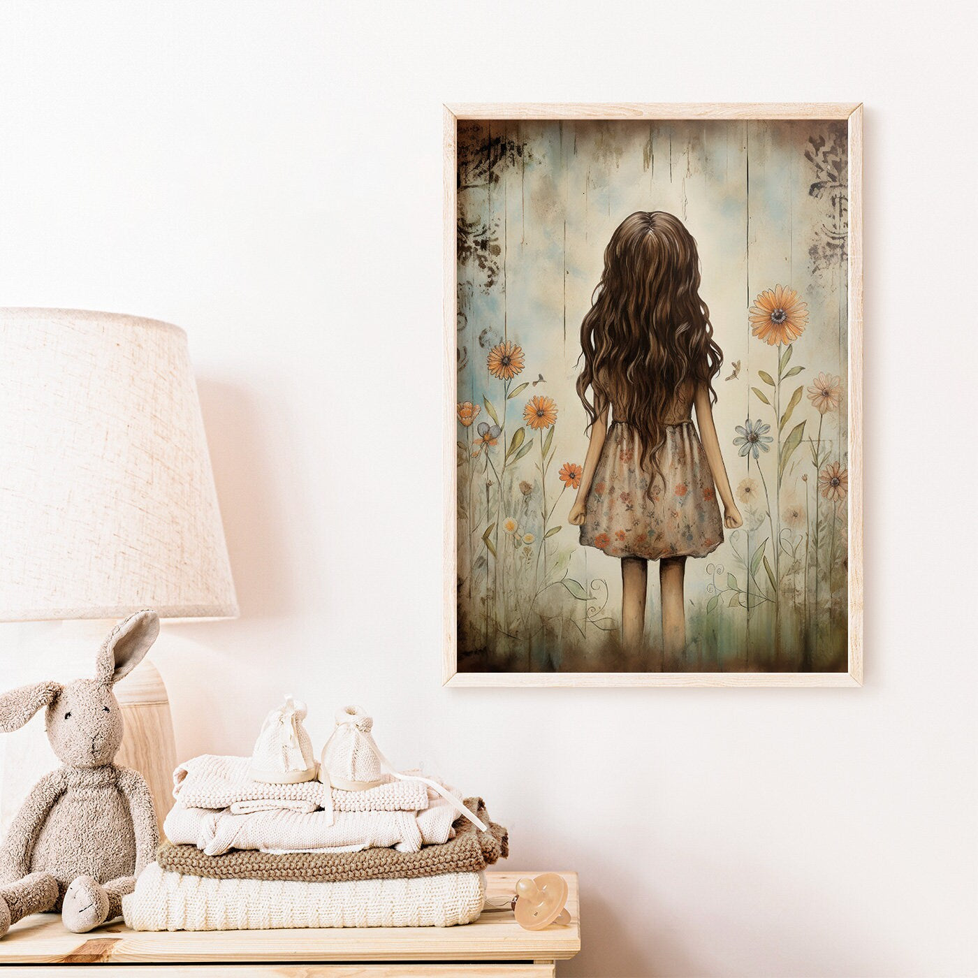 Wildflower Nursery Decor, Girly Wall Art Print, Toddler Girls' Nursery or Bedroom, Toddler Girl with Flowers, DIGITAL Printable Wall Art