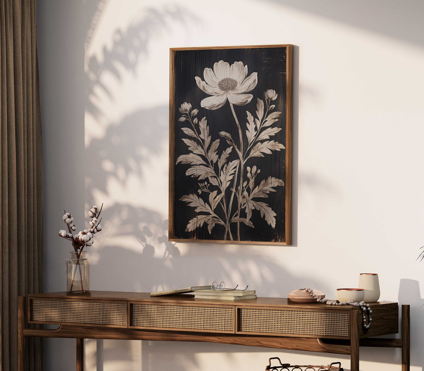 White Flower Print, Rustic Floral Wall Decor, Black Wood Wall Art, Black and White Floral Print, Farmhouse Home Decor, DIGITAL Floral Art